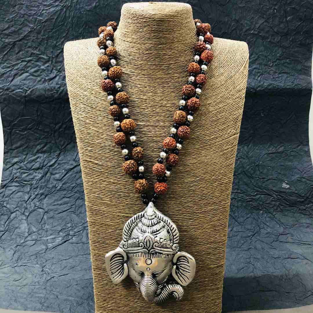 LARQ JEWELS Lord Ganesha Big Size Rudraksh Silver Oxidized Necklace