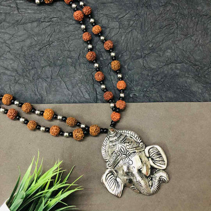 LARQ JEWELS Lord Ganesha Big Size Rudraksh Silver Oxidized Necklace