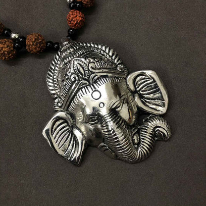LARQ JEWELS Lord Ganesha Big Size Rudraksh Silver Oxidized Necklace