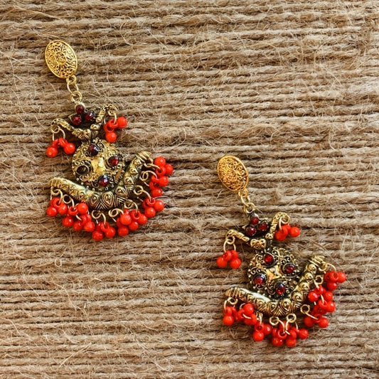 Golden Oxidized Traditional Red Bead Jhumki Earring