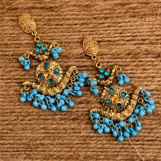 Golden Oxidized Blue Bead Earring