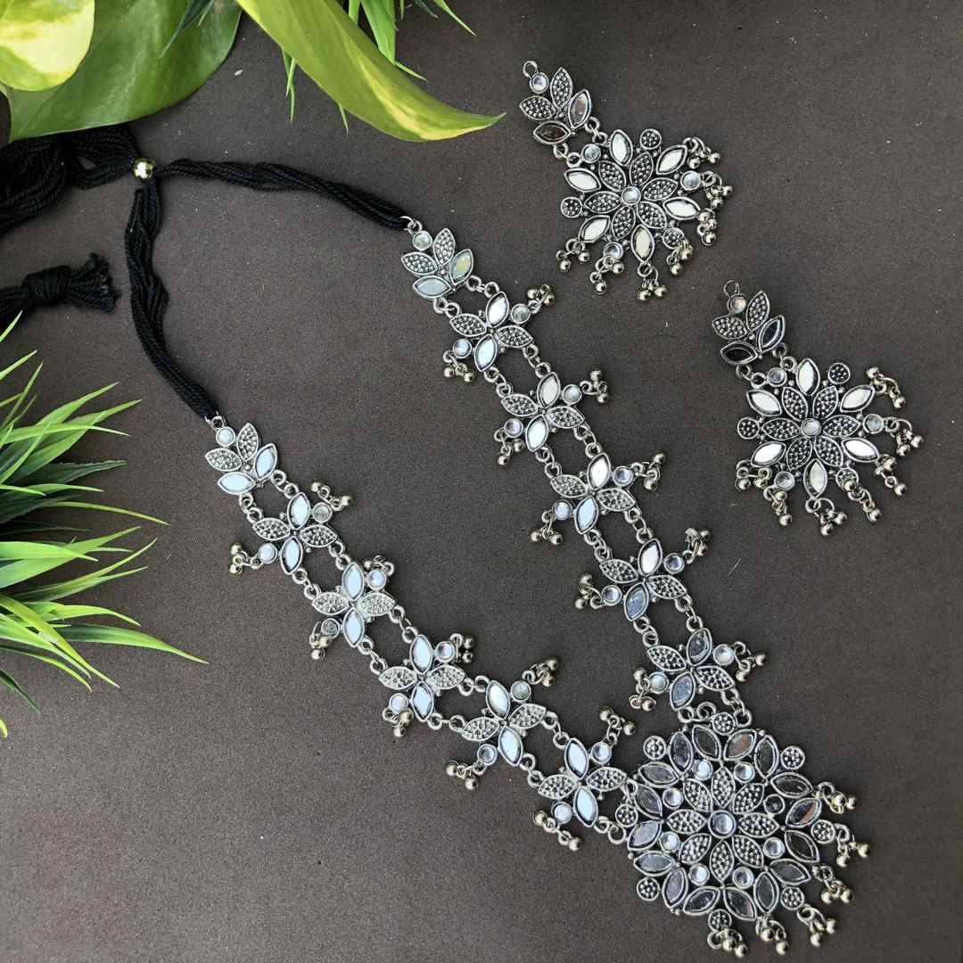 LARQ JEWELS Afghani Boho Oxidised Silver Mirror Necklace