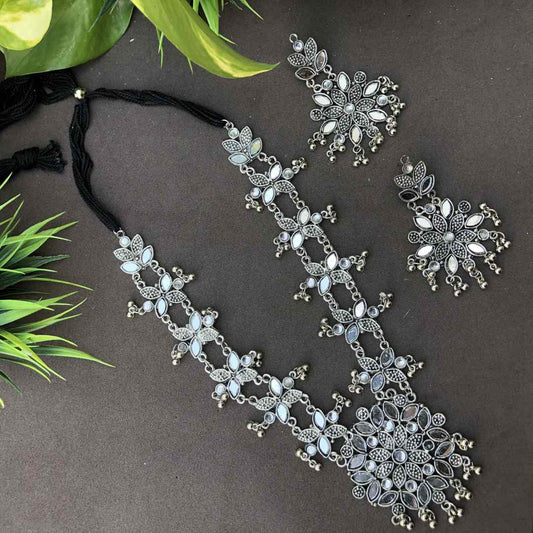 LARQ JEWELS Afghani Boho Oxidised Silver Mirror Necklace