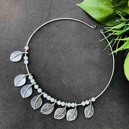LARQ JEWELS Oxidised Silver Leaf Choker Necklace with Earrings