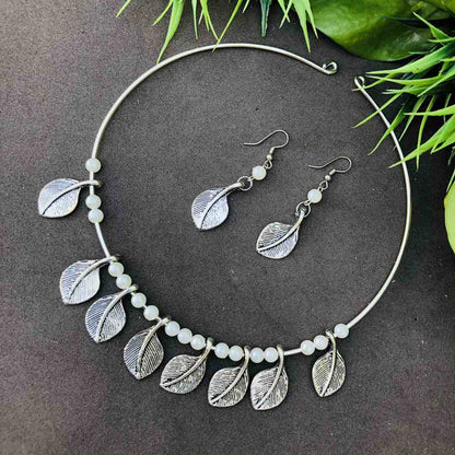 LARQ JEWELS Oxidised Silver Leaf Choker Necklace with Earrings
