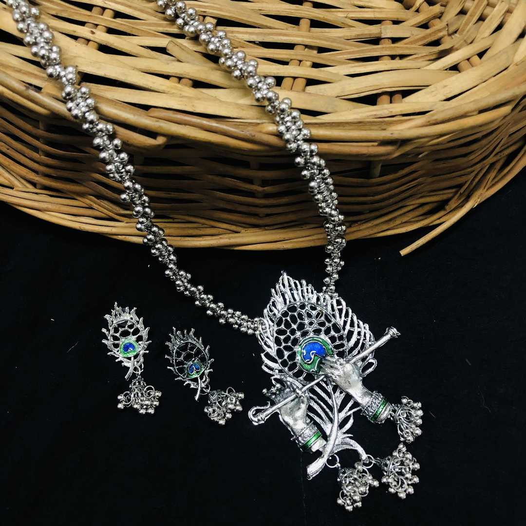 LARQ JEWELS Oxidized Silver Plated Radha Krishna Bansuri Necklace