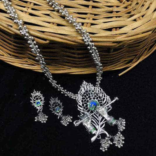 LARQ JEWELS Oxidized Silver Plated Radha Krishna Bansuri Necklace
