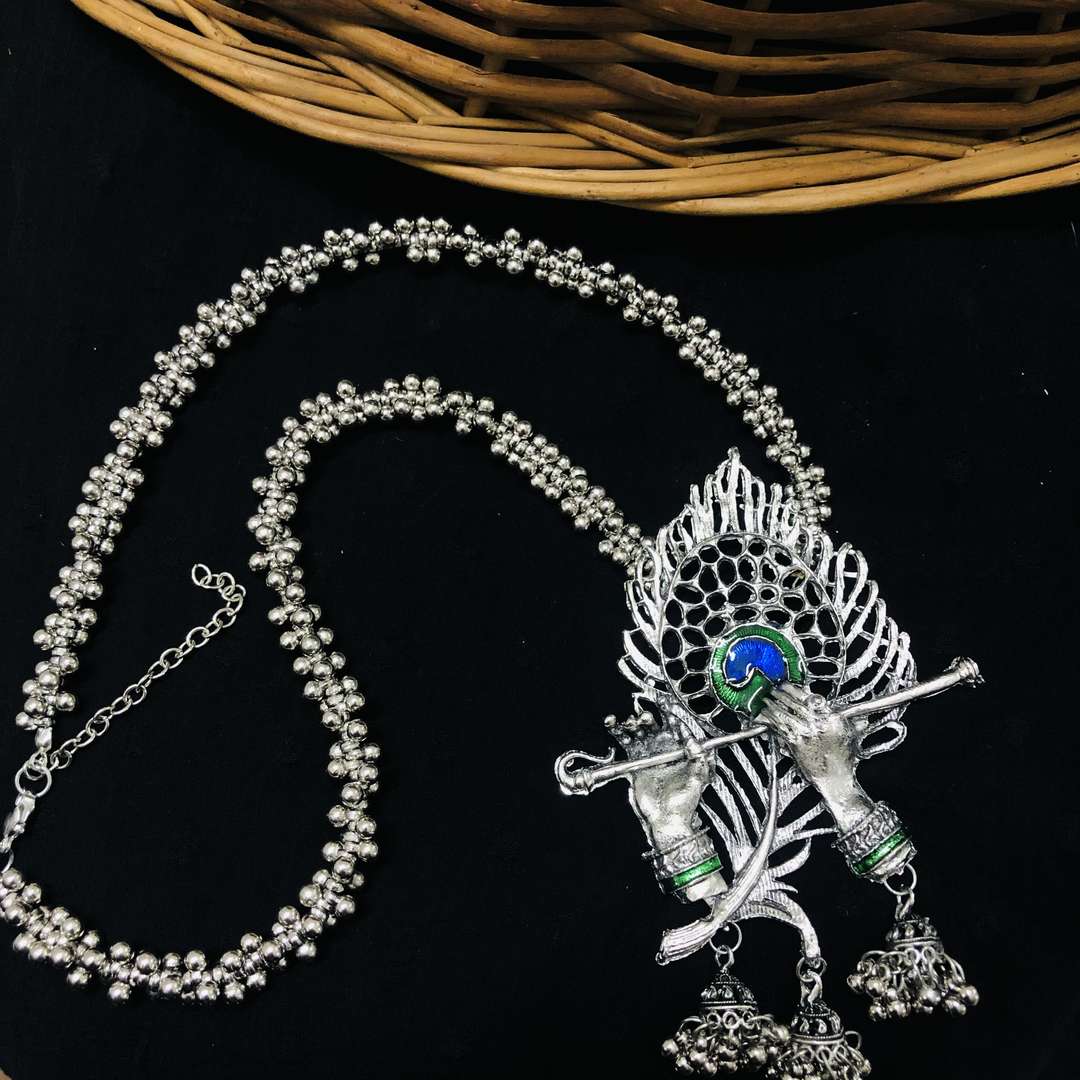 LARQ JEWELS Oxidized Silver Plated Radha Krishna Bansuri Necklace