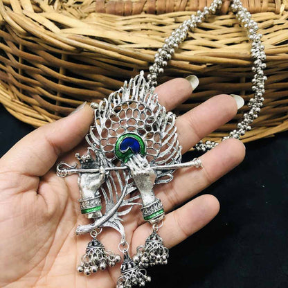 LARQ JEWELS Oxidized Silver Plated Radha Krishna Bansuri Necklace