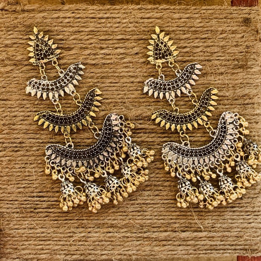 Tri Layer Silver Golden Oxidized Jhumki Earring