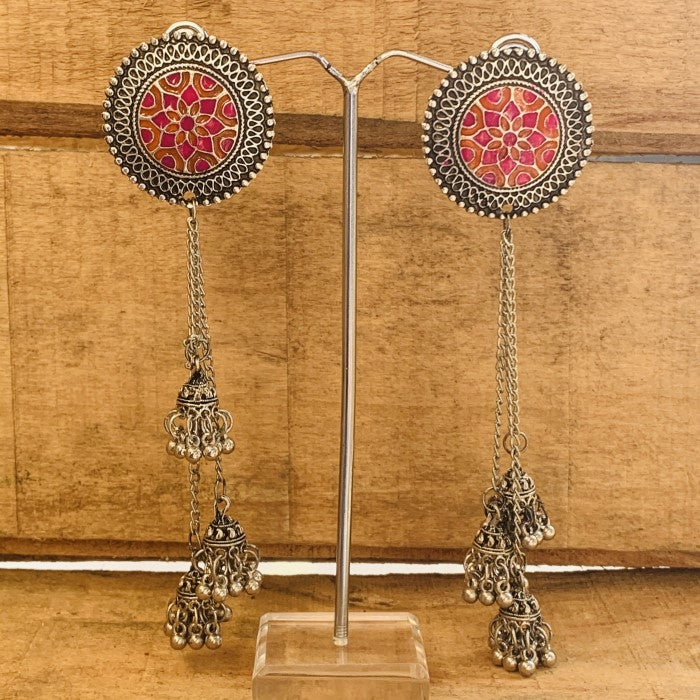 Traditional Tri Jhumki With Orange Pink Meenakari Earring
