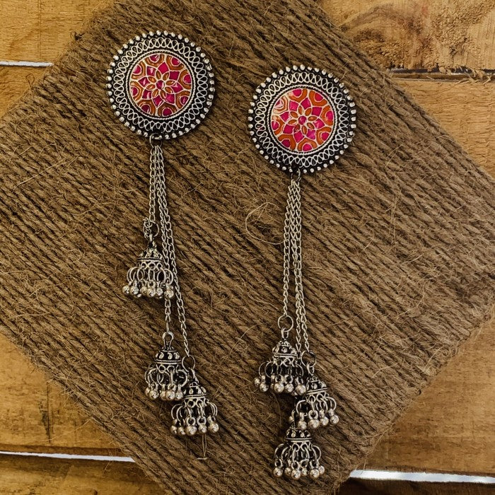 Traditional Tri Jhumki With Orange Pink Meenakari Earring