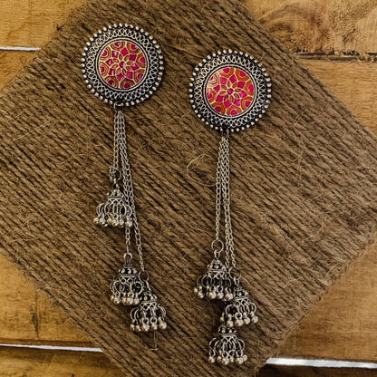 Traditional Tri Jhumki With Orange Pink Meenakari Earring