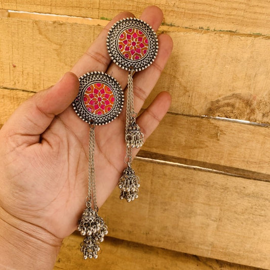 Traditional Tri Jhumki With Orange Pink Meenakari Earring