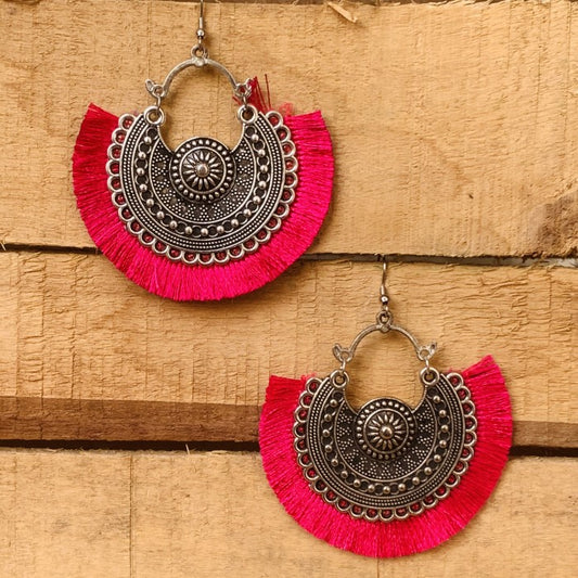 Pink Thread Oxidized Silver Earring