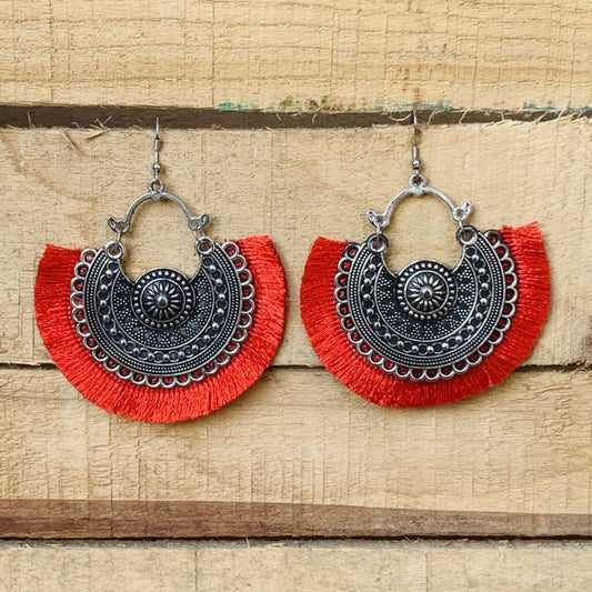 Red Thread Oxidized Silver Earring