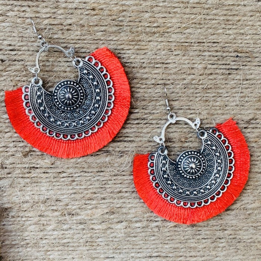 Red Thread Oxidized Silver Earring