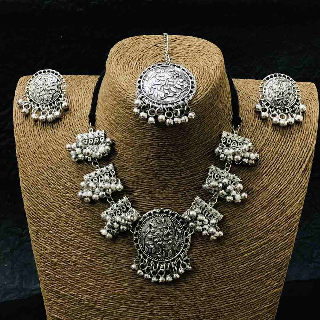 LARQ JEWELS Oxidised Silver Afghani Necklace Set