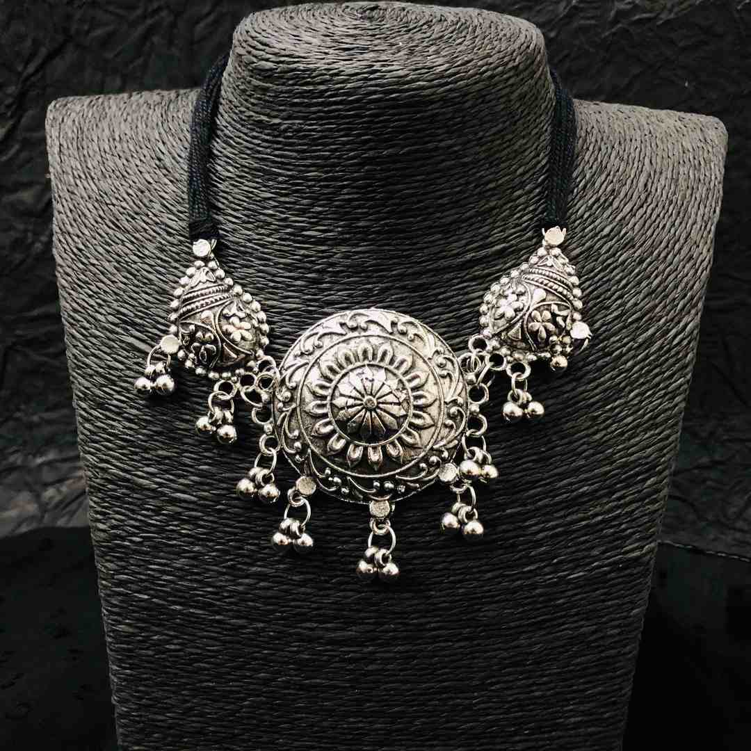 LARQ JEWELS Oxidized Silver Choker Earring Set for Women