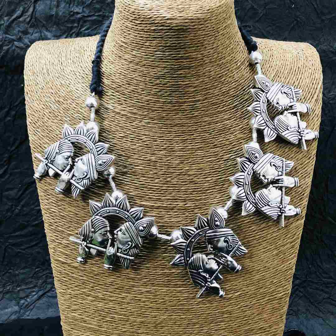 LARQ JEWELS German Silver Afghani Radha Krishna Temple Choker