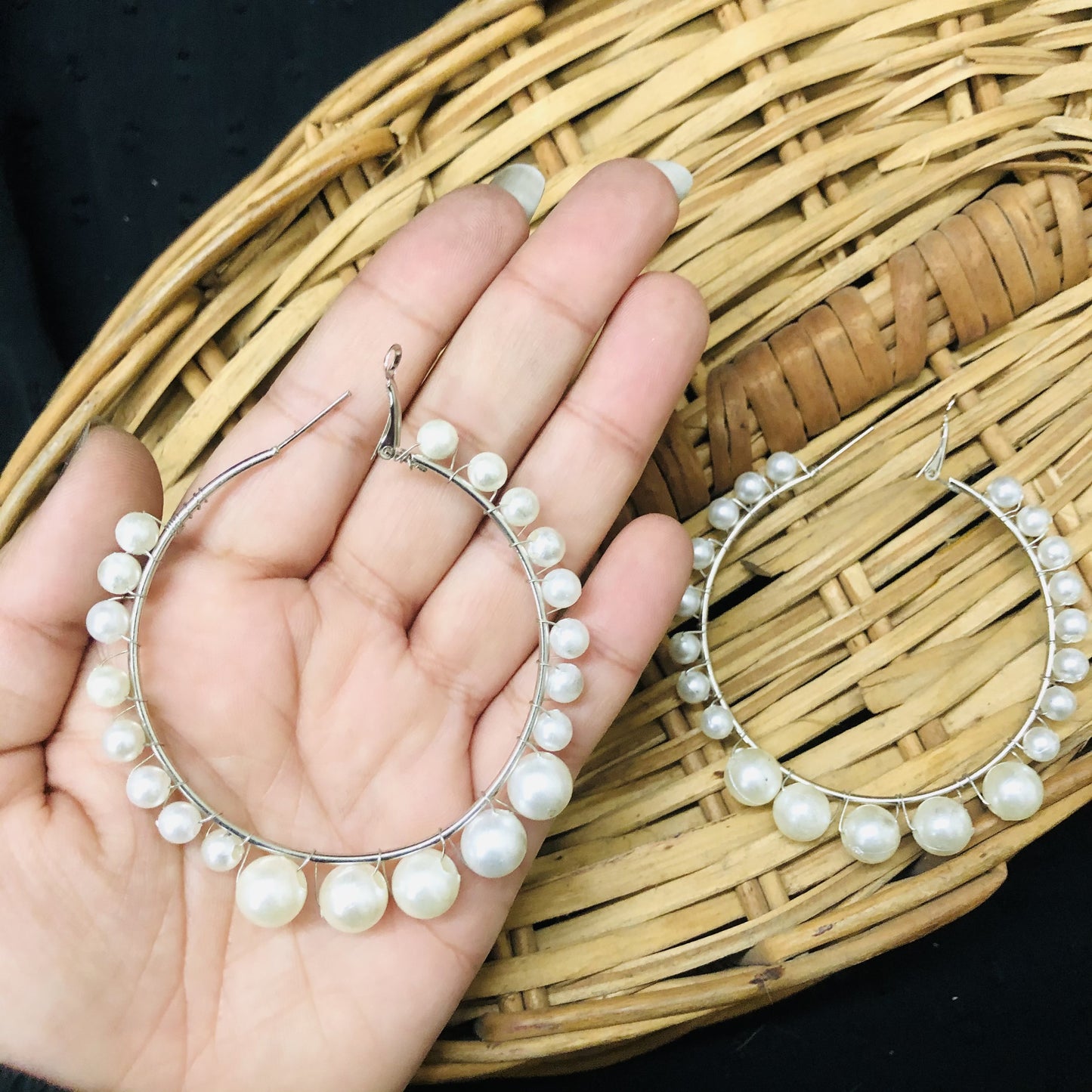 Vintage Large White Silver Pearl Hoop Earrings For Women