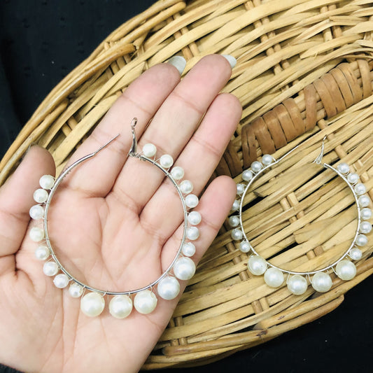 Vintage Large White Silver Pearl Hoop Earrings For Women