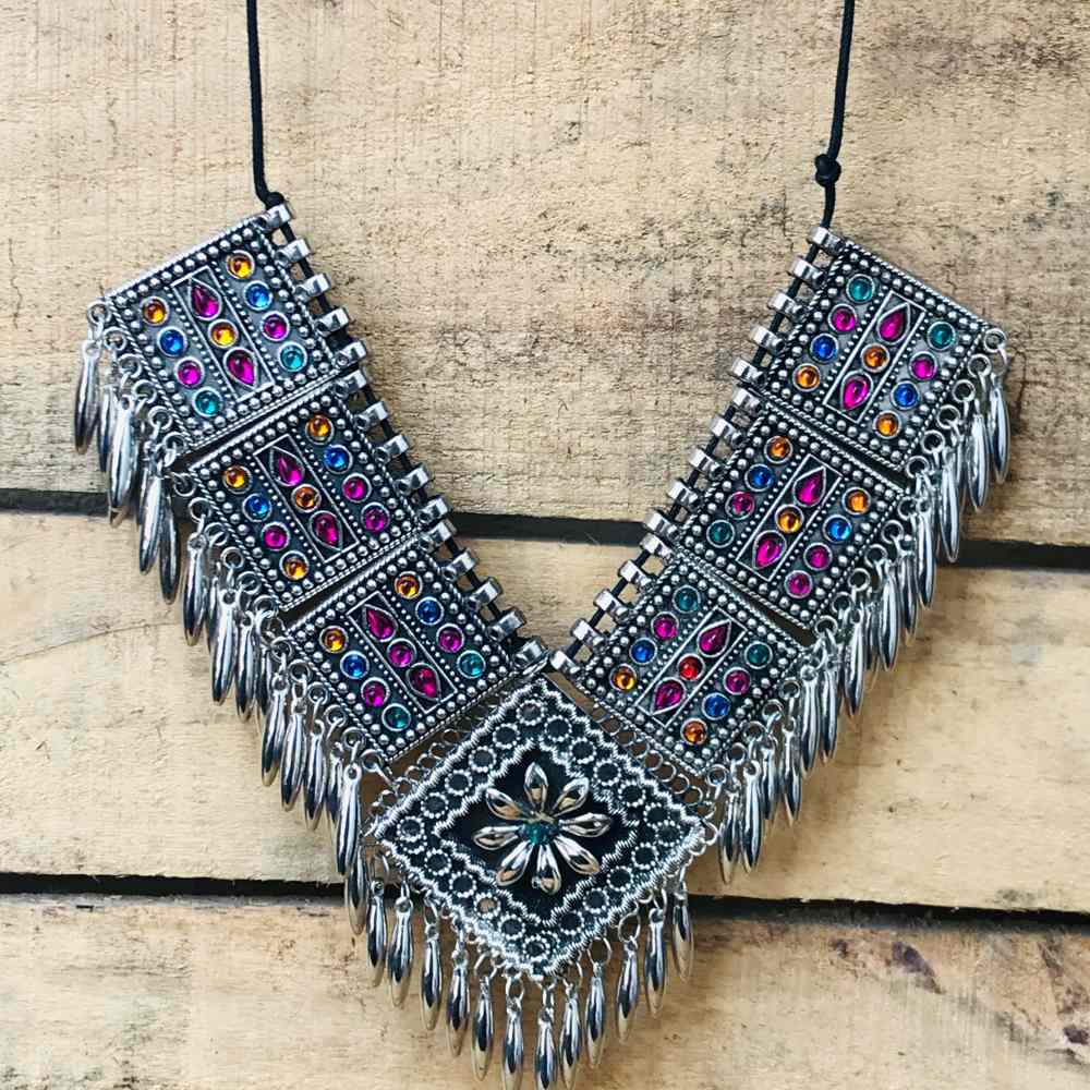 LARQ JEWELS Oxidized Silver Silk Thread Metal Tassel Choker