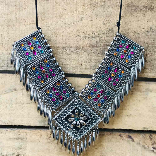 LARQ JEWELS Oxidized Silver Silk Thread Metal Tassel Choker