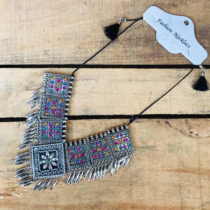 LARQ JEWELS Oxidized Silver Silk Thread Metal Tassel Choker