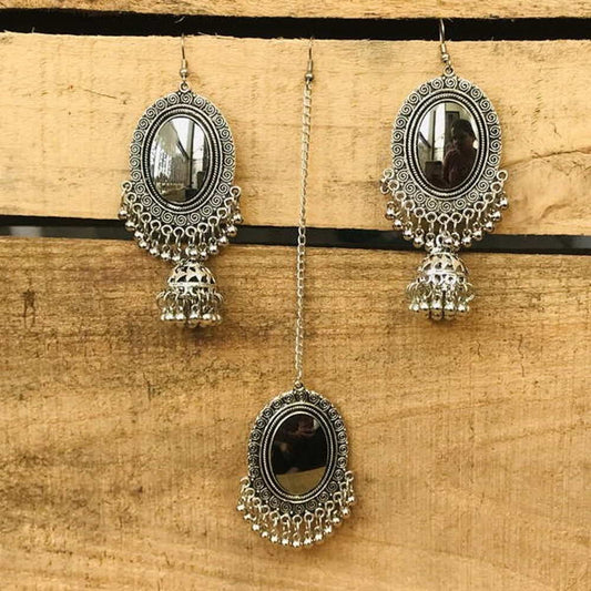 Oxidized Silver Glass Mirror Earrings and Mang Tikka Set for Women