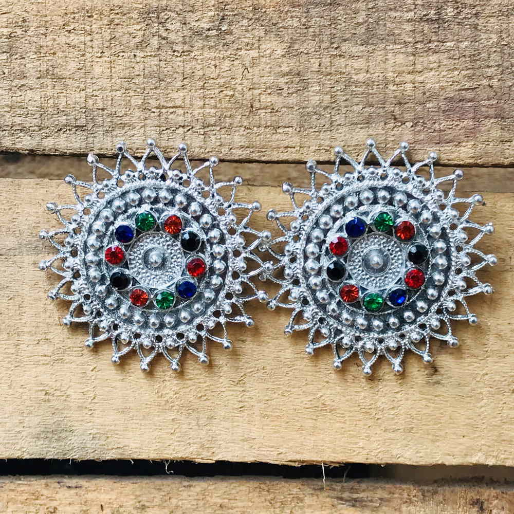 Oxidized Silver Multi Color Stone Stud Earring
