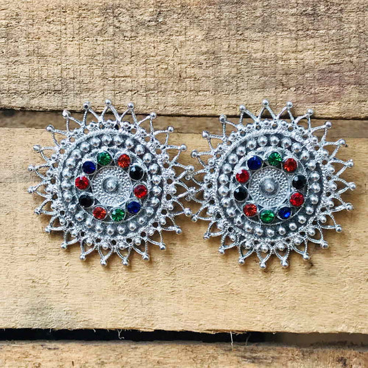 Oxidized Silver Multi Color Stone Stud Earring