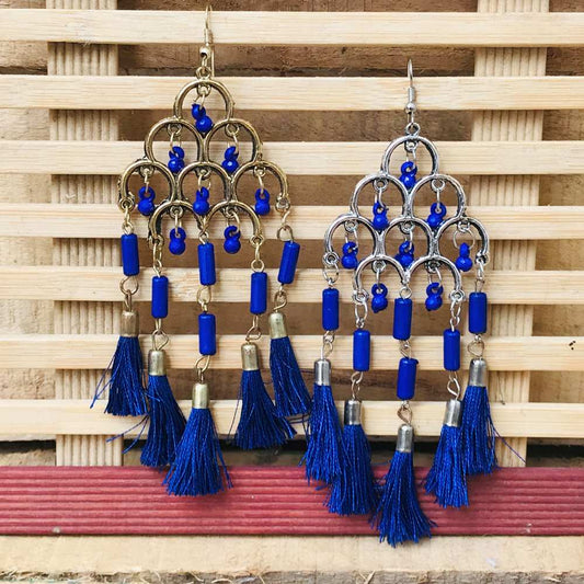 Silver Plated Multi Layer Blue Bead Earring