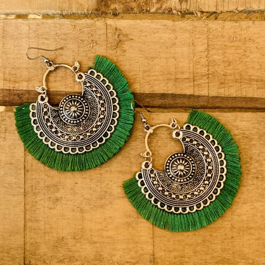 Green Thread Oxidized Silver Earring