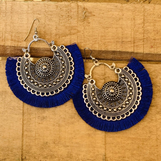 Blue Thread Oxidized Silver Earring